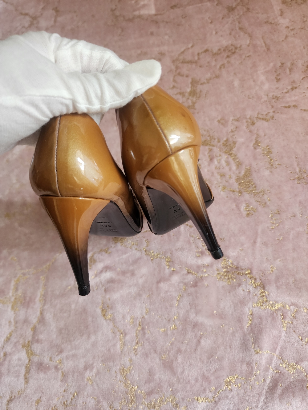 PRADA | Two-Tone Brown Patent Peep-Toe Heels with Bow - Picture 6 of 13